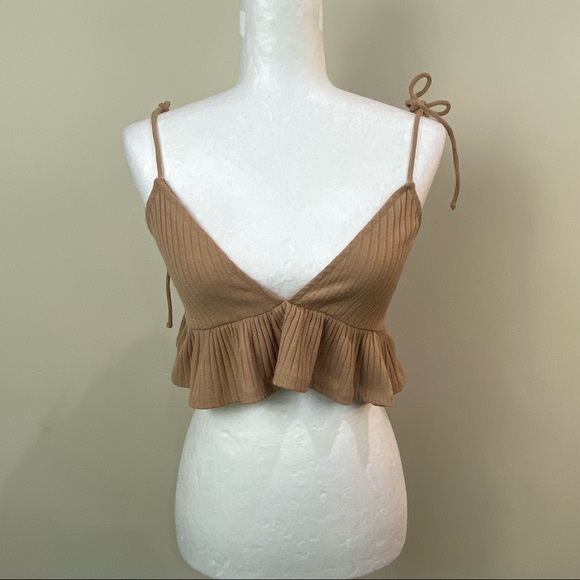 REVOLVE Tops - REVOLVE Privacy Please Women’s Brown Ruffle Tie Shoulder Crop Top Size Medium